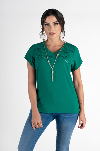 Blusa Dama Verde Bordada  Manga Corta Mundo Terra 155134