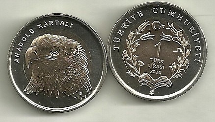 Moneda Turquia Año 2014 Bimetalica 1 Lira Fauna Aguila