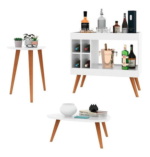 Conjunto Sala Aparador/mesa De Centro/apoio Retrô -branco Cor Branco