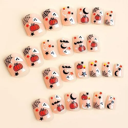 Uñas Postizas De Halloween Con Diseño De Calabaza Y Luna, 24