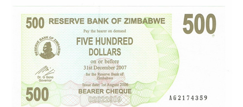 Billete De Zimbabwe, 500 Dólares, Sin Circular.  2007.  Jp