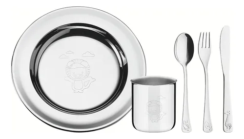 Conjunto Prato Infantil 5 Peças Baby Em Aço Inox Tramontina Cor Prateado Baixo Relevo Personagem Leão