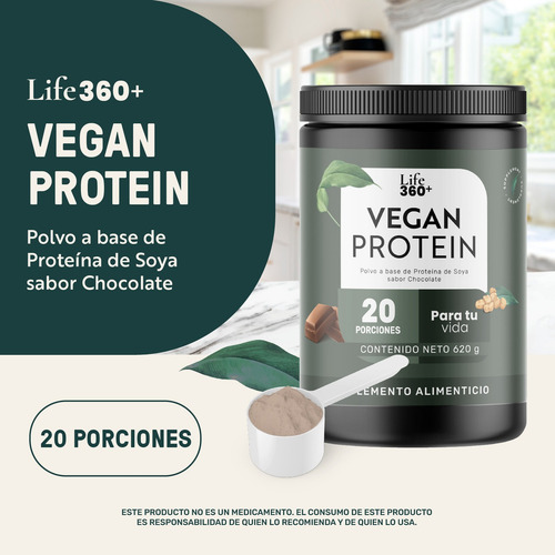LIFE360+ vegan protein 620g polvo a base de proteínas de soya sabor chocolate