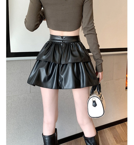 Falda Corta De Cuero Dama Cintura Alta Con Doble Volante