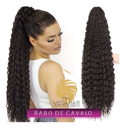 Aplique Rabo De Cavalo 60cm Bio Orgânico Preto Ondulado Cacheado 60cm Velcro
