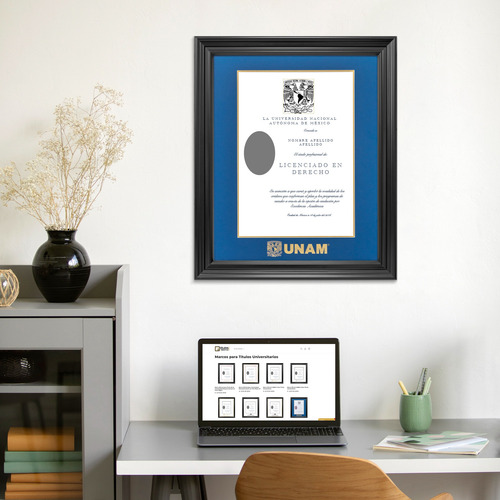 Marco Para Titulo Unam 40x50 Azul/filo Oro Negro Mate