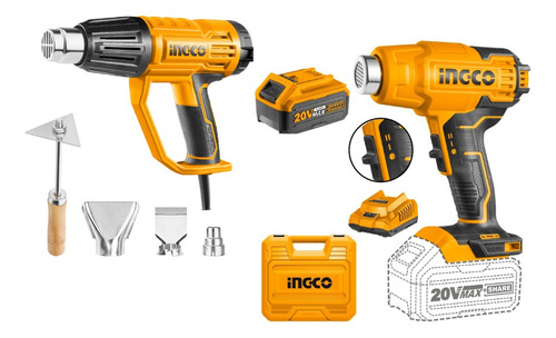 Combo Kit Pistolas De Calor Inalámbrica Y Electrica Ingco Color Naranja Claro