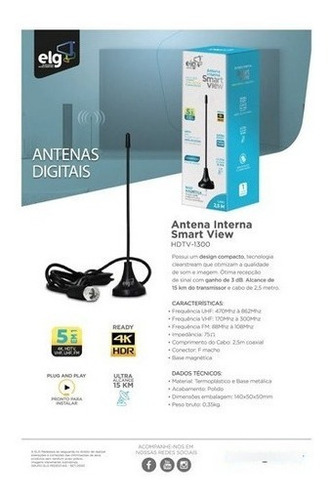 Imagem 4 de 4 de Antena Digital Interna Com Cabo De 2,5m Hdtv1300 ELG