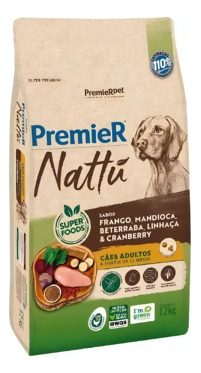 Ração Premier Nattu Para Cães Adultos Sabor Mandioca 12kg