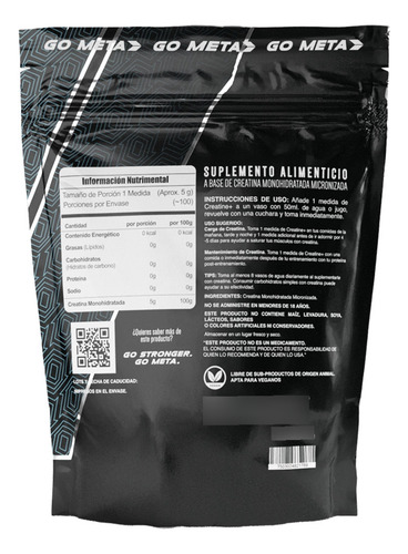 Creatina Monohidratada 500g Meta Nutrition 100 Servicios Sin Sabor