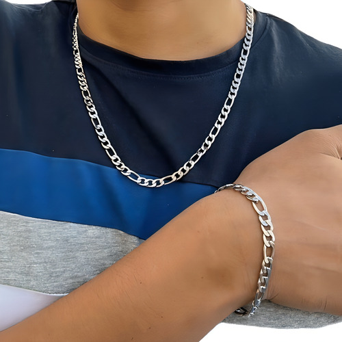 Correntinha Colar Cordão Figaro 3x1 +pulseira Masculina  