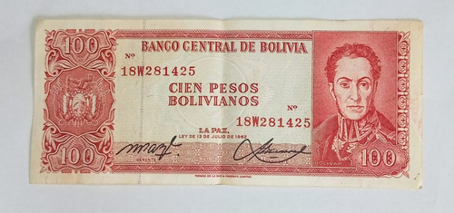 Billete Bolivia 100 Pesos Bolivianos 1962 Unc P. 163