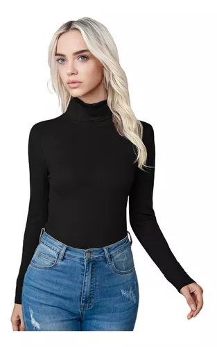 Jersey canalé cuello tortuga negro - Mujer