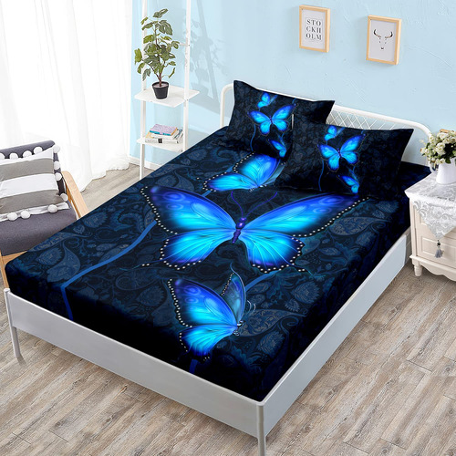 Juego De Cama Mariposa Azul Sábana Bohemia 2 Fundas Almohada