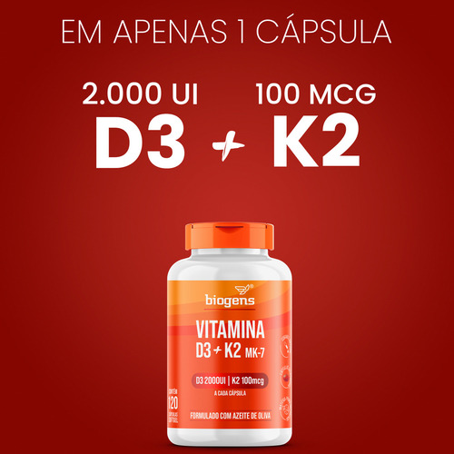 Vitamina D3 2000ui + K2 Mk-7 100 Mcg, 120 Cápsulas, Biogens
