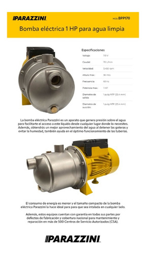 Bomba Tipo Jet Centrifuga 1 Hp Parazzini BPP170 60hz Color Amarillo Fase Eléctrica Monofásica