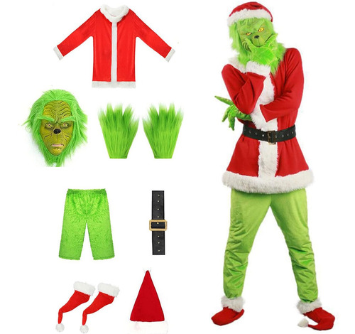 Traje De Papá Noel Adulto Monstruo Verde Peludo 7 Piezas