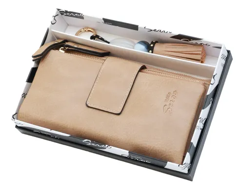 Billetera / Monedero Dama Amplias Reparticiones + Llavero Beige Liso