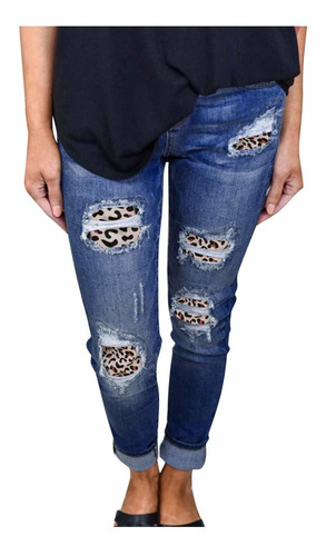 Funey Jeans Rasgado Cintura Estampado Leopardo Cuadro