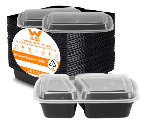 Contenedor Reutilizable P/ Comida 2 Divisiones 32 Oz 25 Color Negro