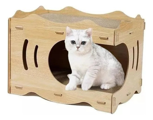 Cama Casa De Madera Para Gatos Con Rascador Interno