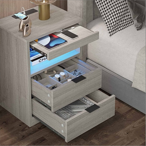 Mesa Buro De Noche Mesita Gris Con 2cajones Y Led 40*35*60cm Gris