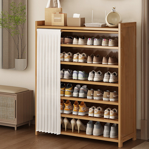 Zapatera Moderna Madera 7capas Entrada Con Cortina 70cm Marrón