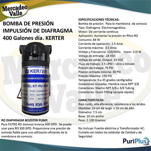 Bomba De Presión Impulsión Diafragma 600 Gpd Kerter Osmosis