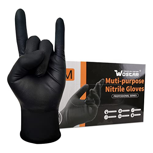 Wostar Guantes Desechables De Nitrilo Negro, Medianos, 8 Mil