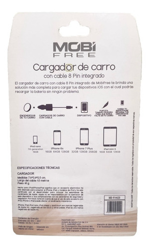 Cargador Auto Mobifree Cable 8 Pin Compatible Con iPhone