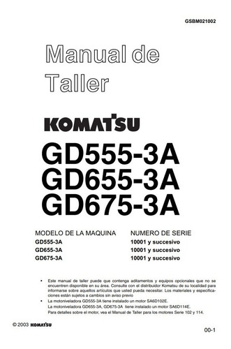 Manual Taller Motoniveladora Komatsu Gd555-3a/655-3a/675-3a