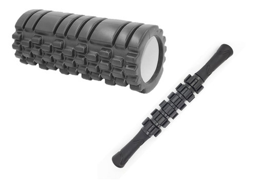 Kit Foam Roller Preto Rolo Liberação Miofascial + Rolinho Bastão Soltura