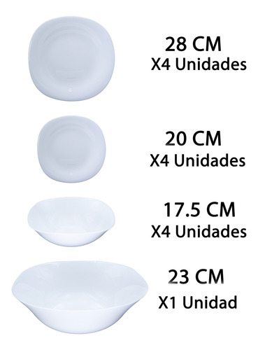 Vajilla De 13 Pzs Moderna De Opal + Ensaladera 4 Personas Blanco Vajilla Cuadrada