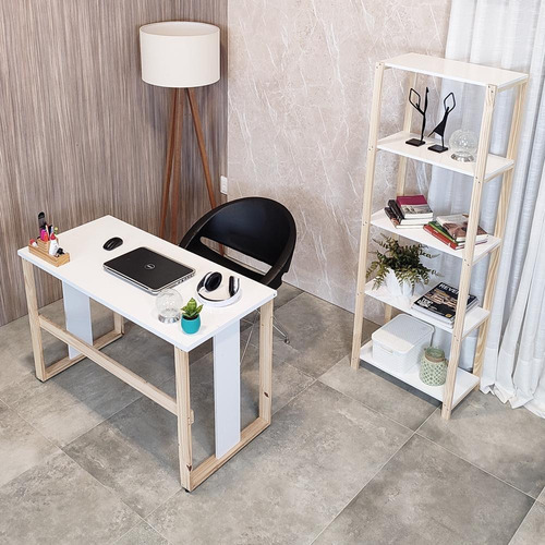 Mesa de estudio y estantería para oficina en casa con estantes de madera blancos