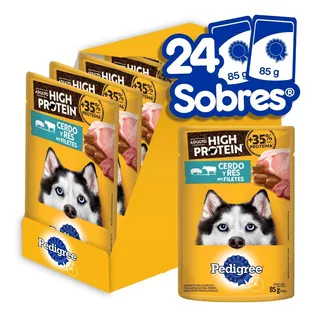 24 Sobres Pedigree High Protein Perro Adulto Cerdo Y Res 85g
