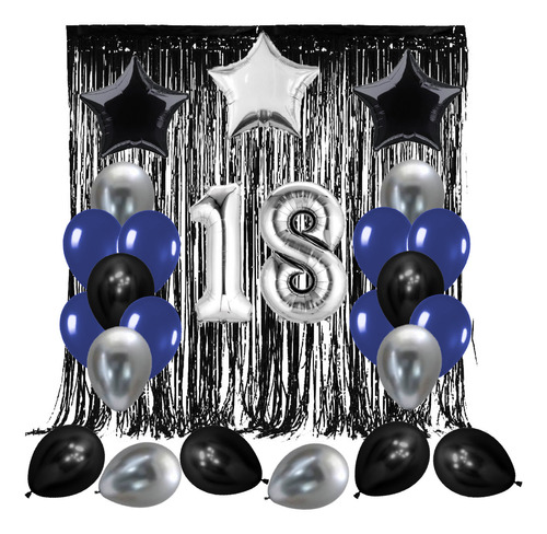 Pack Globos Negro Plateado Azul Combo Cumpleaños Deco Kit 