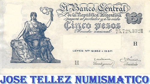 Bottero 1876 $ 5 Peso Serie Del Progreso Serie H Mb+ Palermo