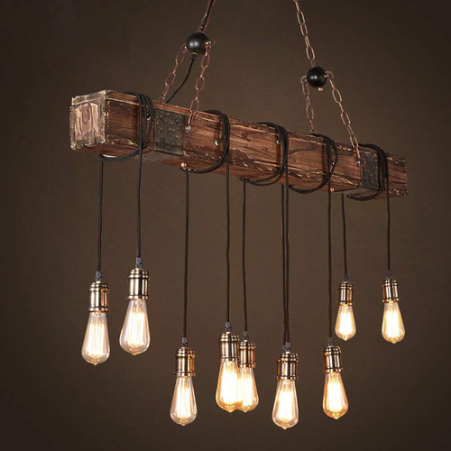 Lampara Madera 10 Luz Retro Rustica Colgante Industrial Mesa