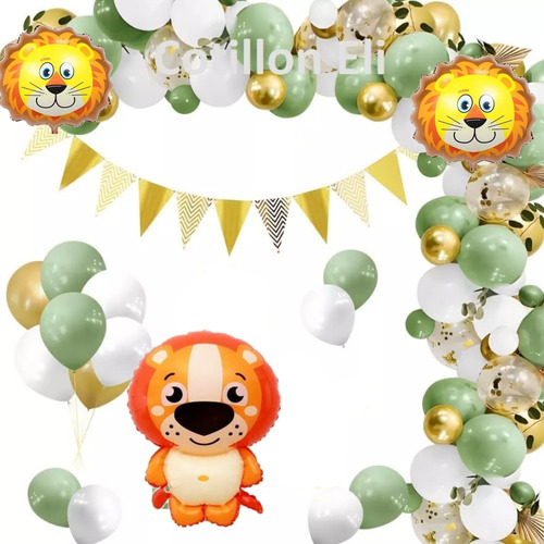 Set Globos Jungla Safari Verde Oliva Leon Baby Shower