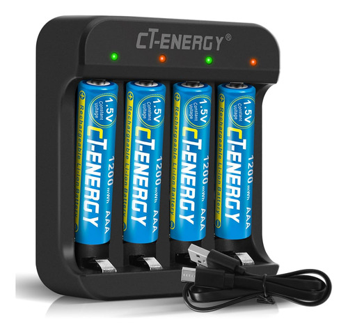 Ct-energy Paquete De 4 Baterias Aaa Recargables Con Kit De C