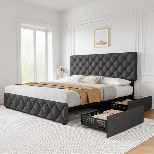 Base De Cama Idealhouse King Size Tapizada En Lino Grey