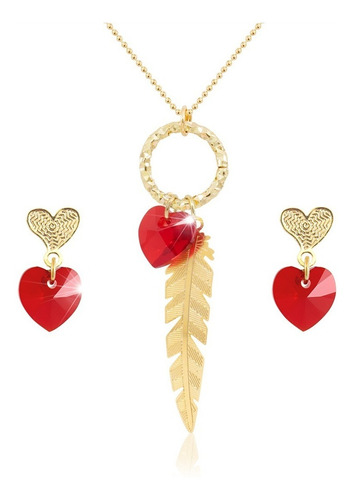 Collares Mujer Aretes Corazon Swarovski Rojo Cadena Oro Gf