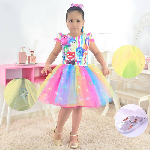 Vestido Divertida Mente 2 Saia Tutu Colorido Com Led