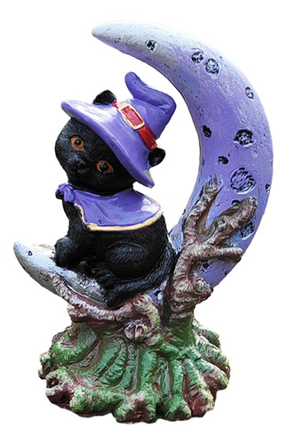 Gato Negro Con Sombrero De Bruja, Estatua De Luna Creciente,