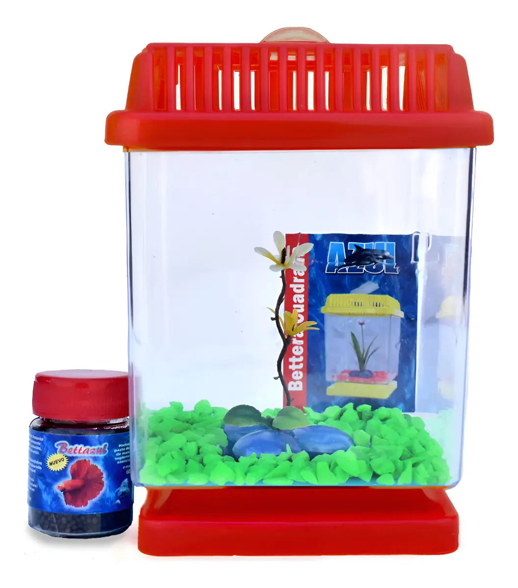 Pecera Betta Kit Azul Roja Plástico 1L Portátil Accesorios Incluidos
