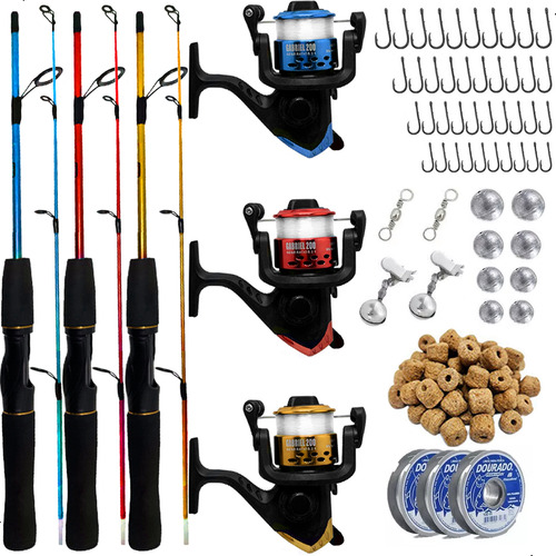 Equipamento De Pesca Completo 10kg 3 Vara 3 Molinete