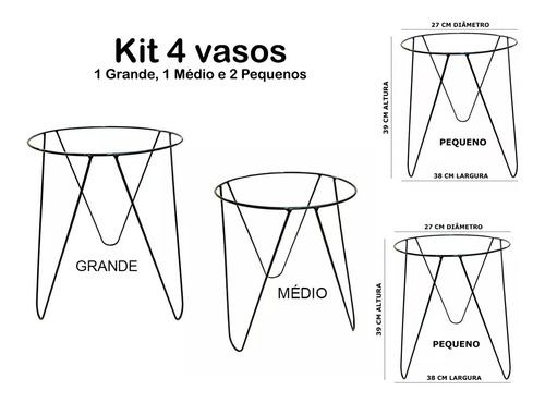 Kit 4 Suporte De Vaso Tamanhos 1 Grande 1 Médio E 2 Pequenos