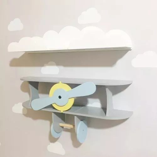 Jogo nuvem com led e avião prateleira decoração maternidade