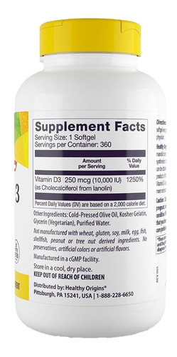 Vitamina D3 10,000ui 360 Softgels Healthy Origins Cod. 193