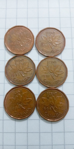 One Cent Moneda Canadá Elizabeth Ii, 6 Un. 1991-1992-1996.